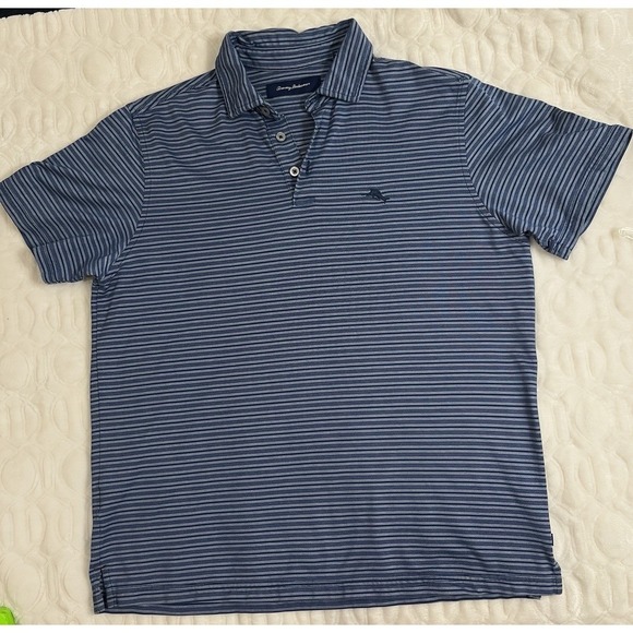 TOMMY BAHAMA  Men's Medium Blue Striped Short Sleeve Golf Polo Shirt - Picture 2 of 8